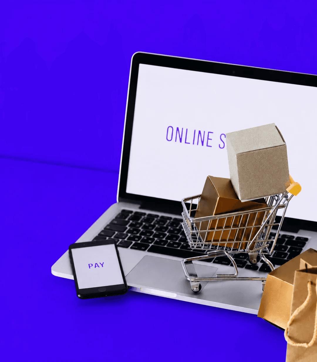 Фирменный visual ECOM с интернет-магазином, ноутбуком и корзиной товаров