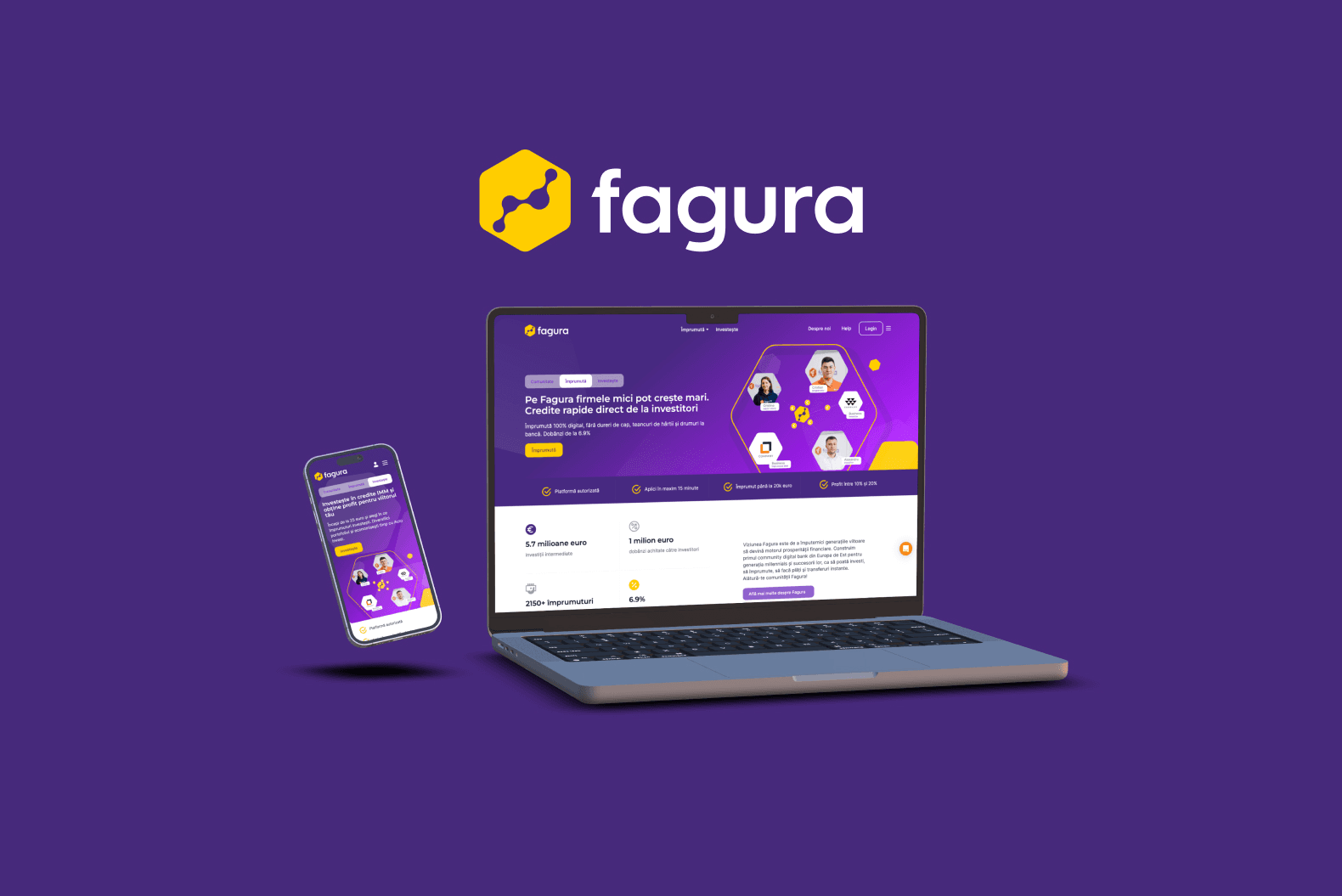 Фирменный visual Fagura с интерфейсом финансовой платформы на ноутбуке и смартфоне